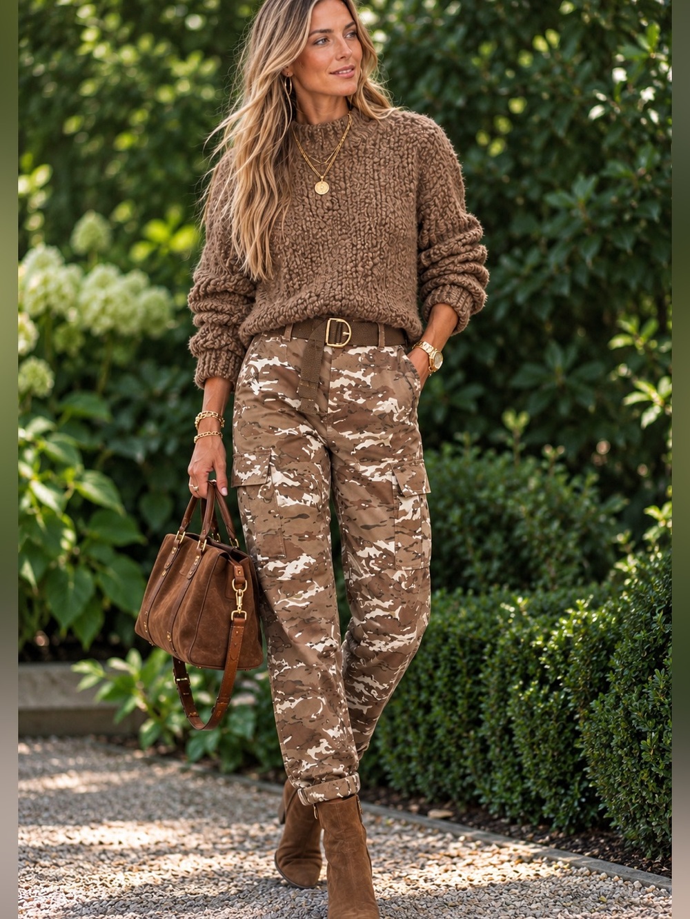 Good American Brown and White Camo Cargo Pants